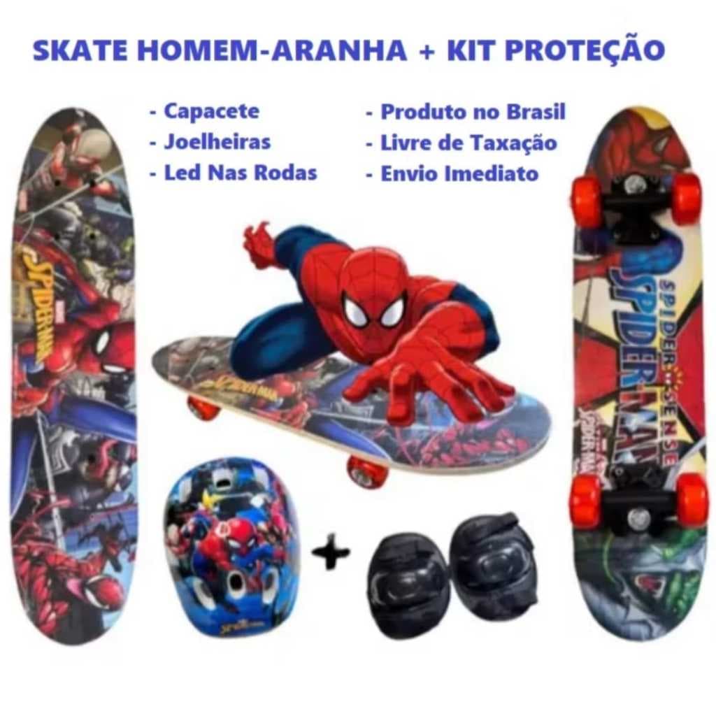 Skate Infantil Radical Antiderrapante Homem Aranha Com Kit Segurança Menino e Menina 60CM Promoção