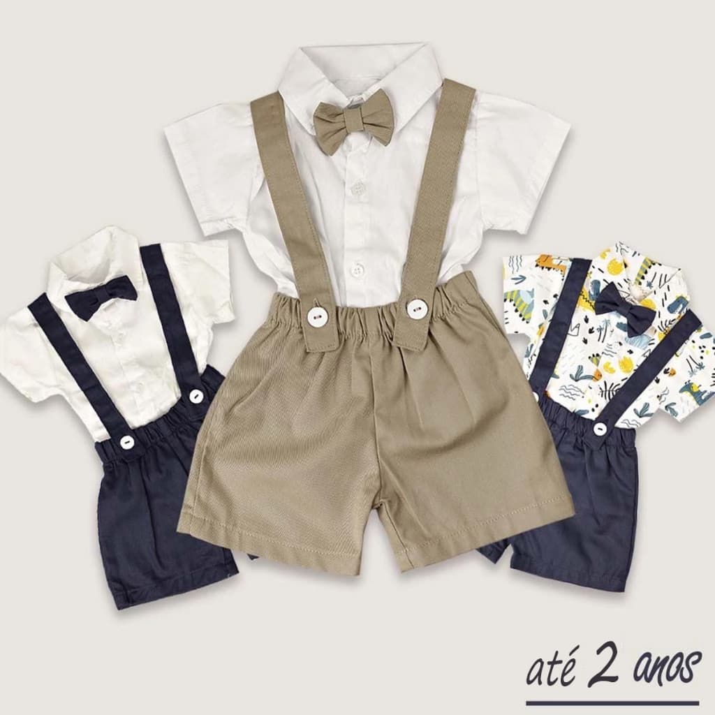Conjunto Infantil Social Camisa + Bermuda com Suspensório + Gravata Borboleta Bebê até 2 anos