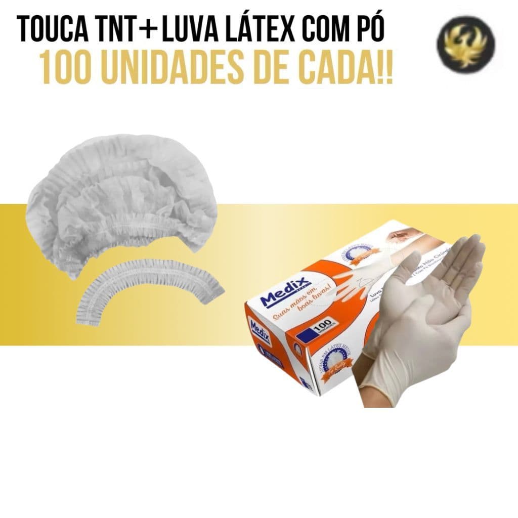 100 Toucas Descartáveis TNT BRANCA + 100 Luvas Látex Com Pó Uso Geral