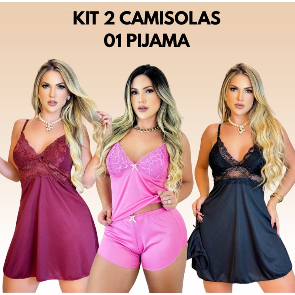 Kit 2 Camisolas 1 Baby Doll Sensual Feminino Traje De Dormir Pijama Sem Bojo Com Calcinha Fio Dental