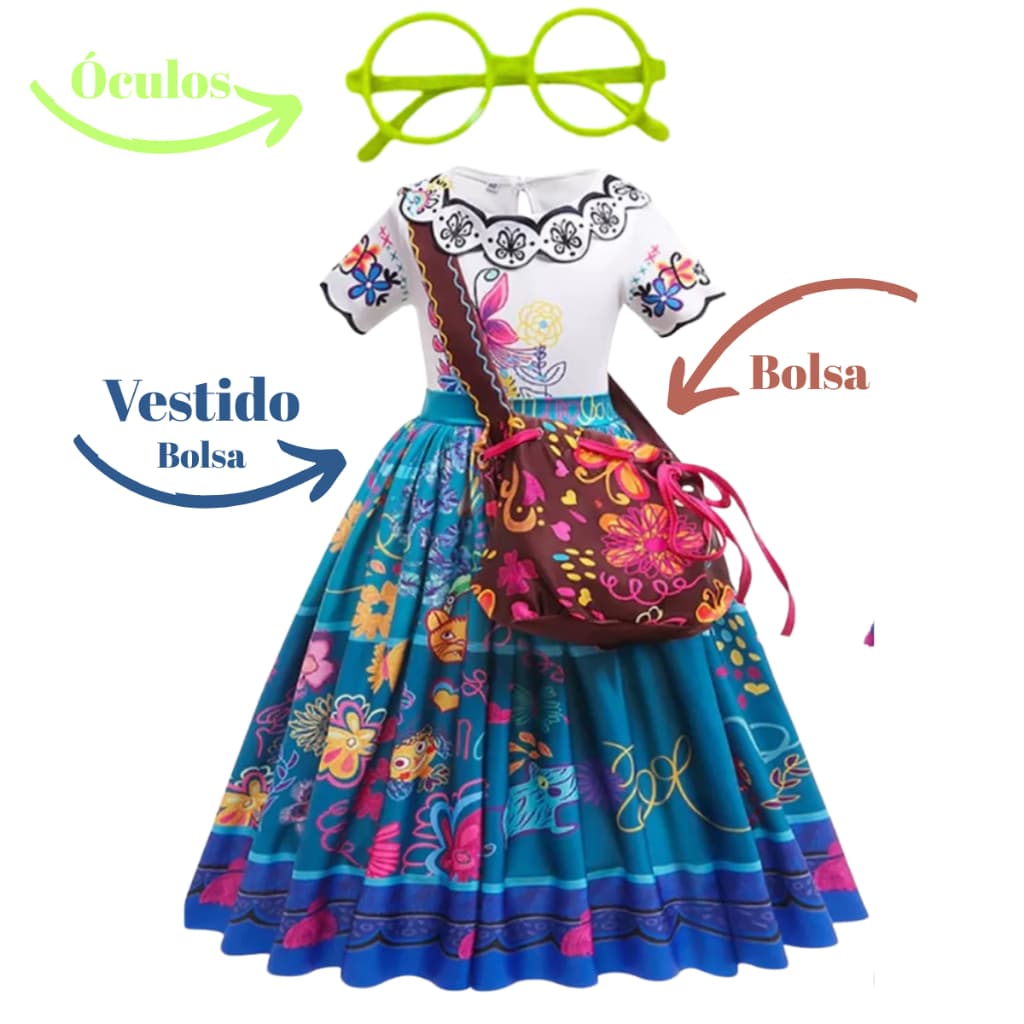 Fantasia Completa Vestido+Bolsa+Óculos Infantil Menina Mirabel Filme Encanto Saia Estampada rodada azul