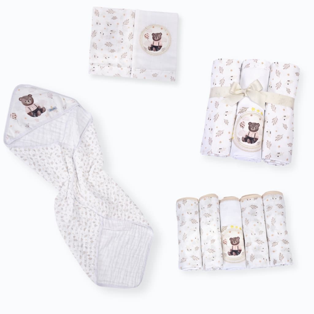 Kit Enxoval Bebê 11 Peças – Fralda, Toalha Soft, Cueiro e Paninhos | Menino, Menina ou Unissex