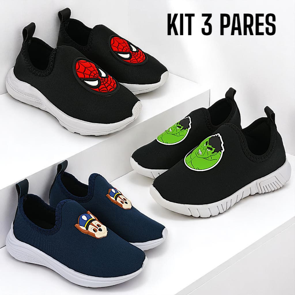 Kit 3 Pares Tênis Infantil Menino Personagens Calce Fácil Super Confortável – Uso Diário