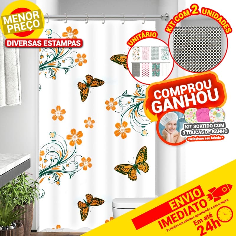Cortina Para Box Vinil Sortido Com Ganchos Antimofo 1,38 x 1,98cm Diversas Estampas