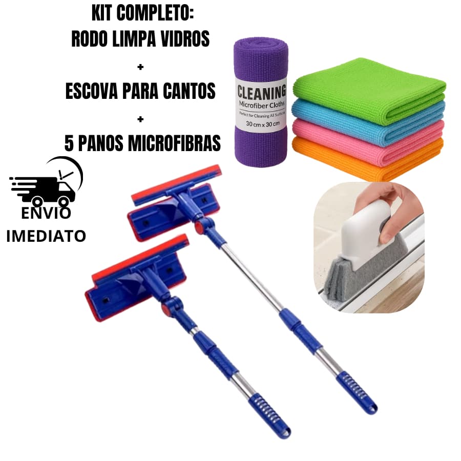 Rodo Mágico 2 em 1 Limpa Vidros e Janelas com Esponja para Canto Cabo Extensível kit completo 5 panos microfibras e rodo