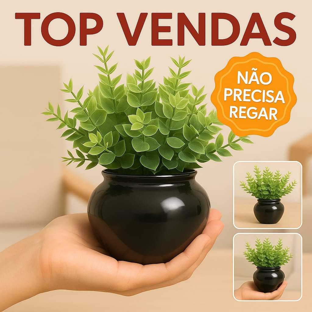 Vasinho de cerâmica preto com plantinha artificial decoração