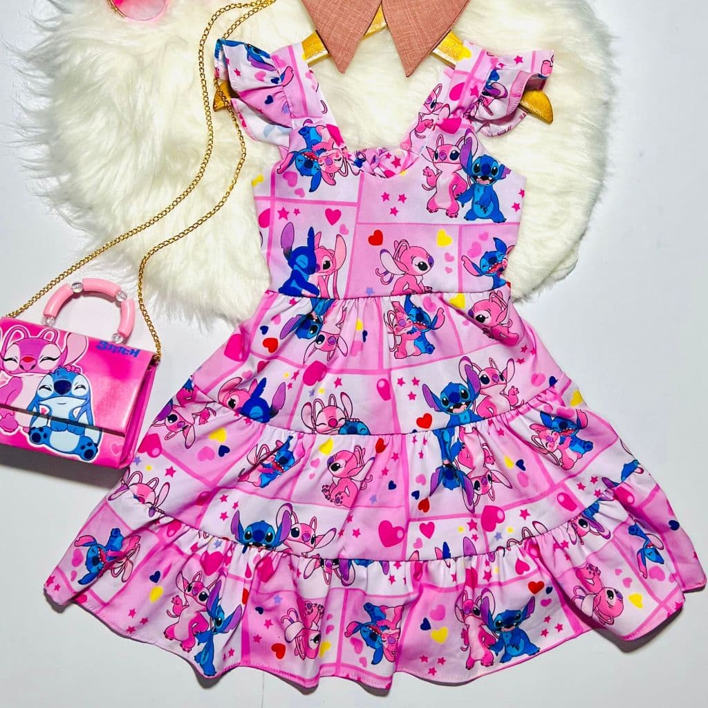 Vestido Infantil Menina Festas Bloguerinha Stitch Soltinho Confortável Verão