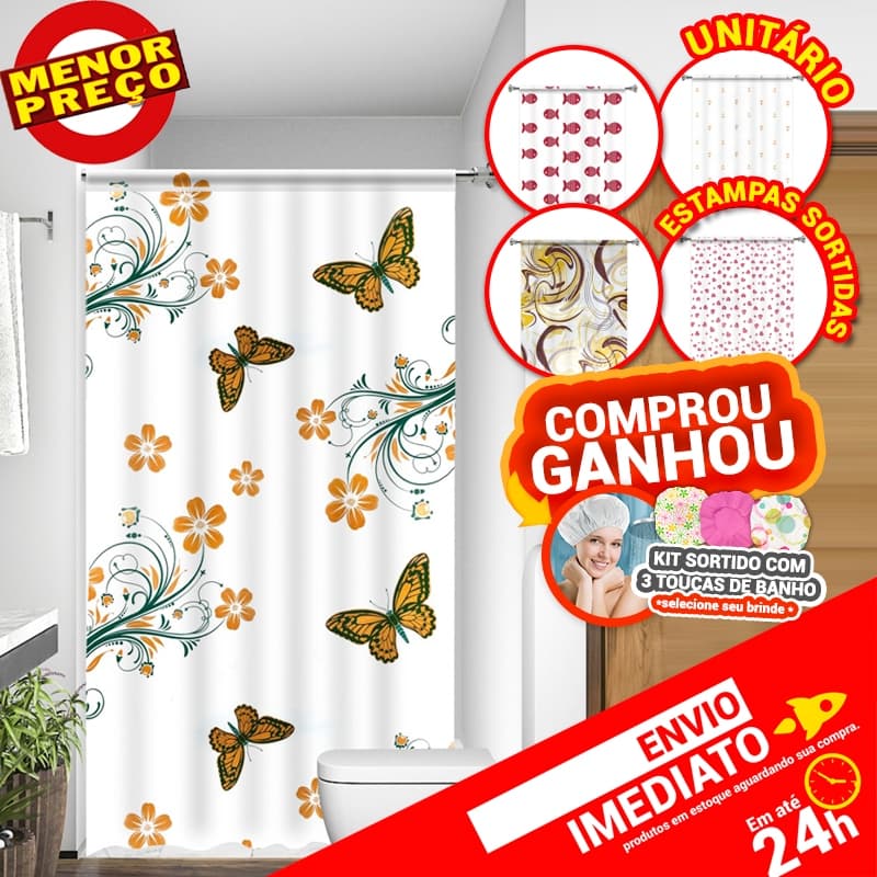 Cortinas de Box Banheiro Diversas Estampadas Uso Direto no Suporte Acabamento em Viés 100% PE