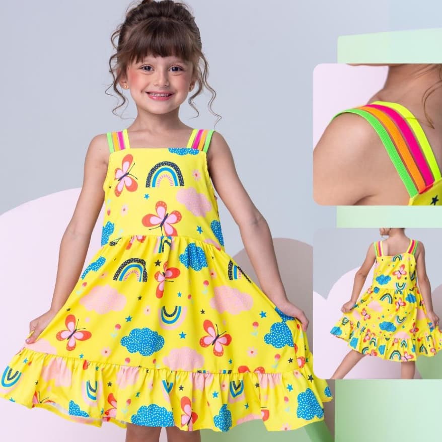 Vestido infantil menina casual festa floral e cores lisas