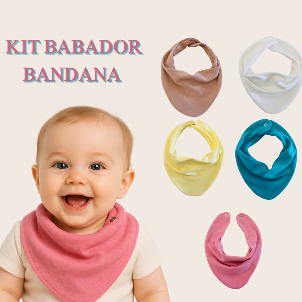 Kit com 5 Babador Bandana Bebê  Infantil Cores Sortidas 100% Algodão Suedine