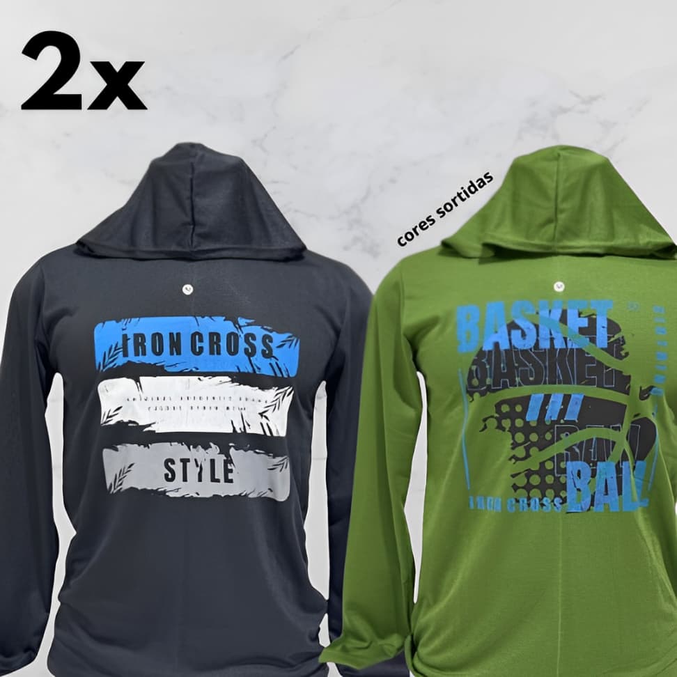Kit 2 Camisetas Manga Longa Estampada Blusa de Frio Com Capuz