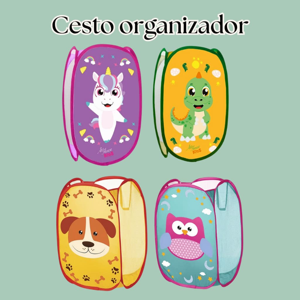 Cesto Infantil Telado Dobrável Estampado Animais Organizador Brinquedo Multiuso Roupas Menina Menino