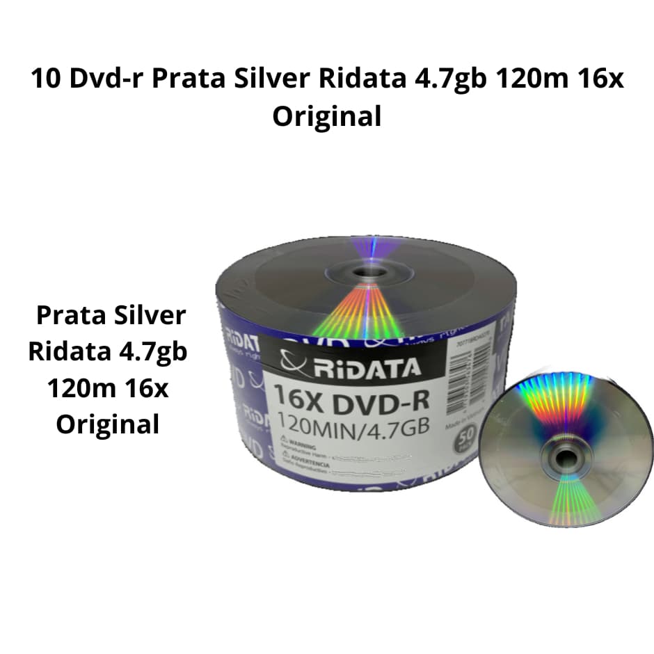 Kit com 10 DVD-R Ridata Prata Silver 4.7GB 120min 16x – Original