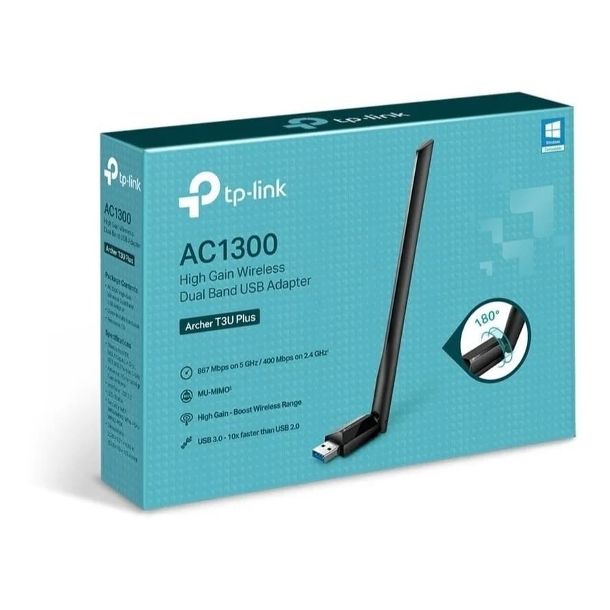 Adaptador USB Wi-Fi Ac1300 de banda dupla TP-Link Archer T3u Plus frequência de 2.4GHz ou 5GHz.