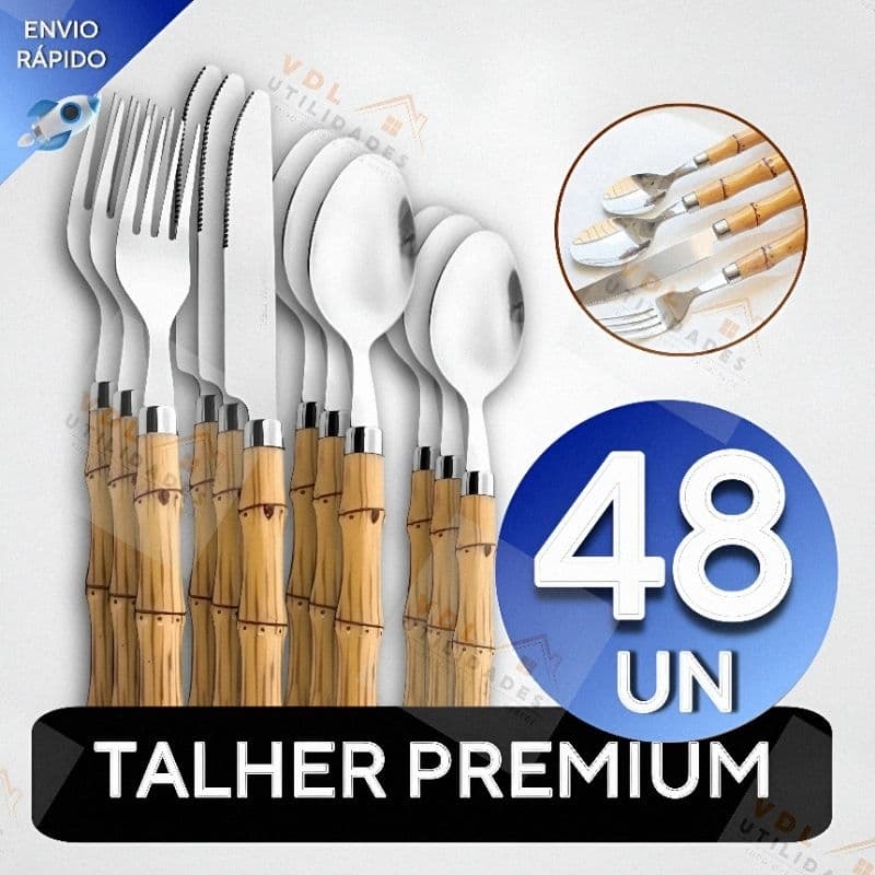 Conjunto Jogo de Talheres Facas Garfos Colher e Colheres de Sobremesa Aço Inox de Cabo Plástico Bambu