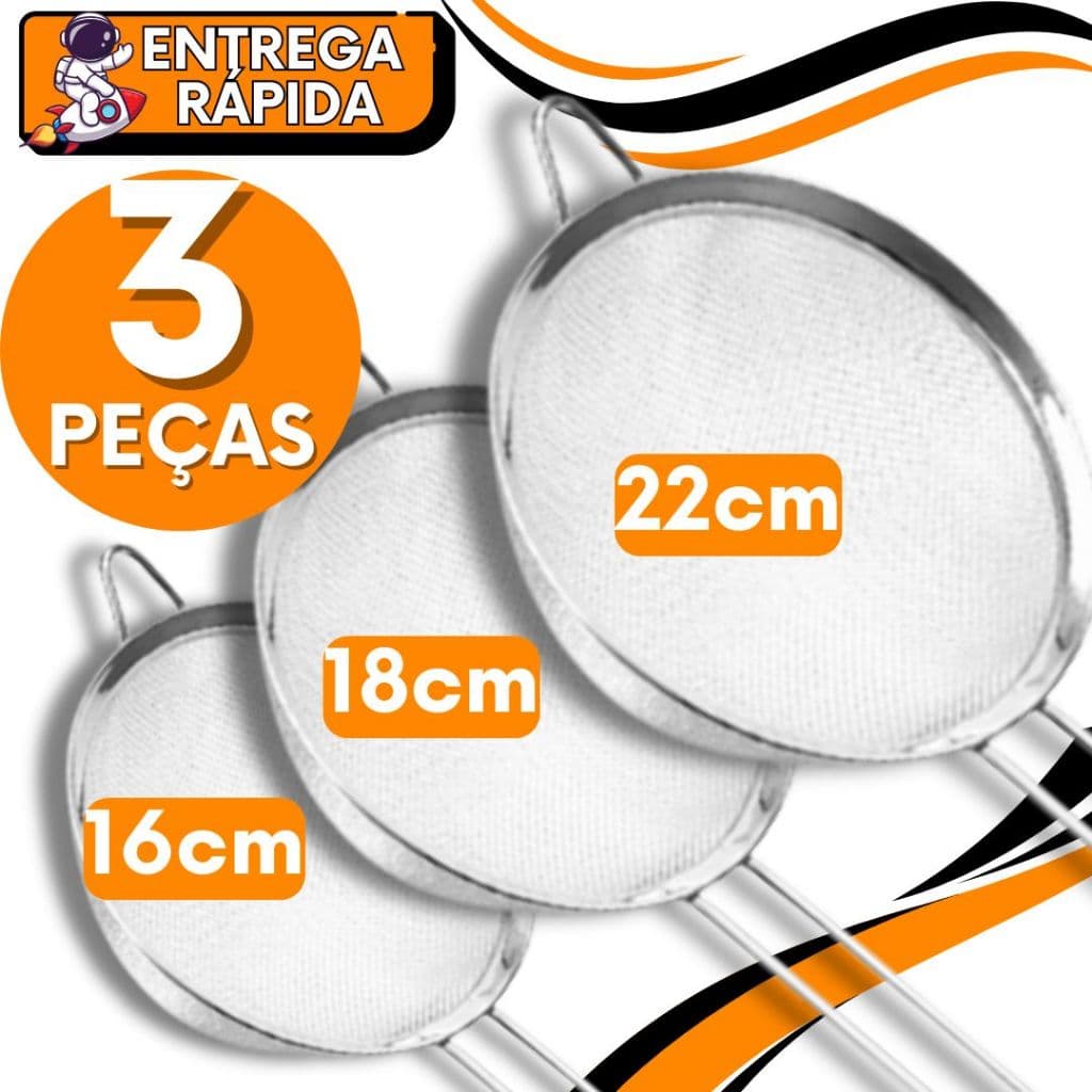 Kit 1/3unid Peneira TAM 22cm 18cm 16cm Utensilio para Polvilhar Coador Alimentos Farinha Açucar Restaurante Confeitaria