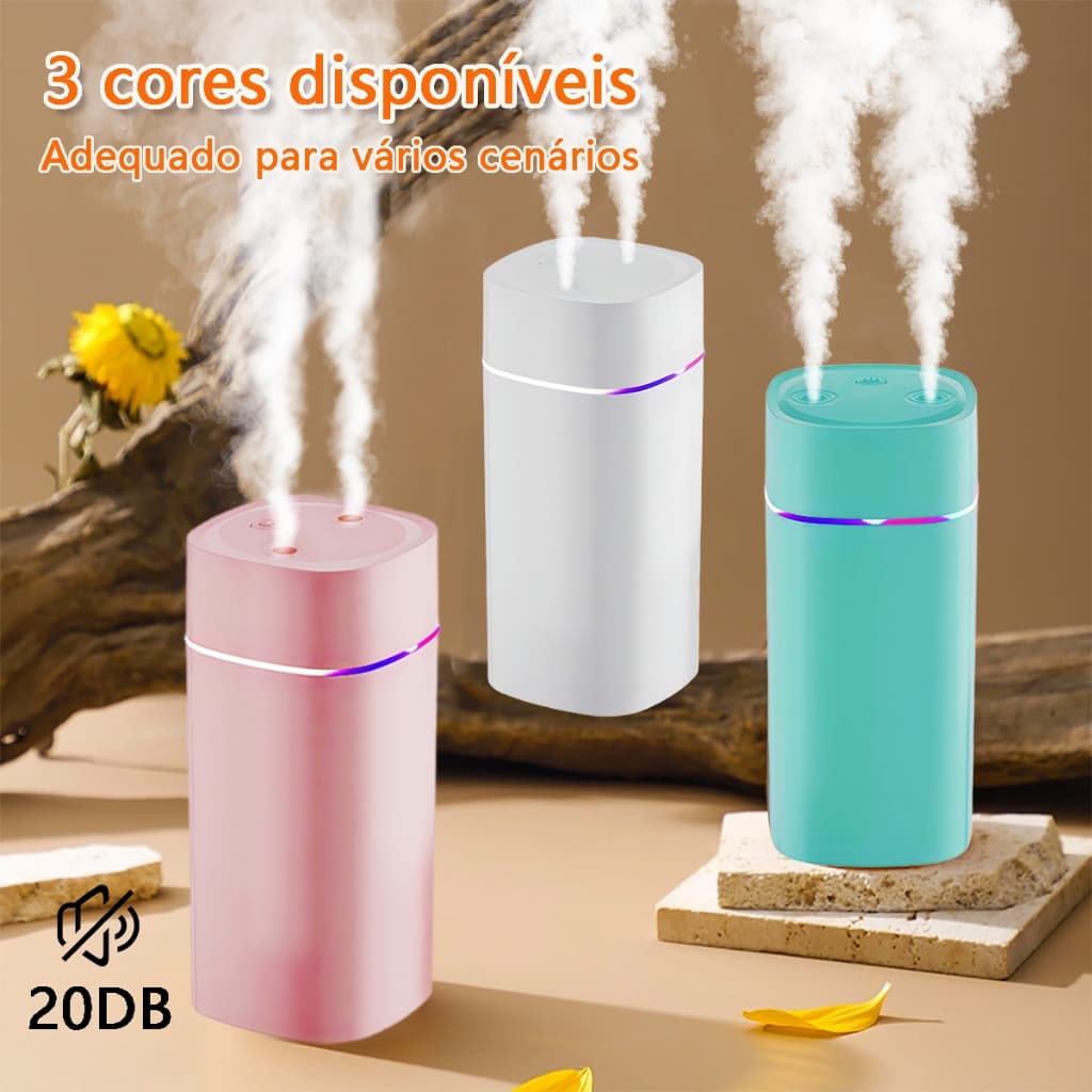 Umidificador USB Grande Com Bico Duplo 12H Autonomia LED 7 Cores Difusor De Aromas E Proteção