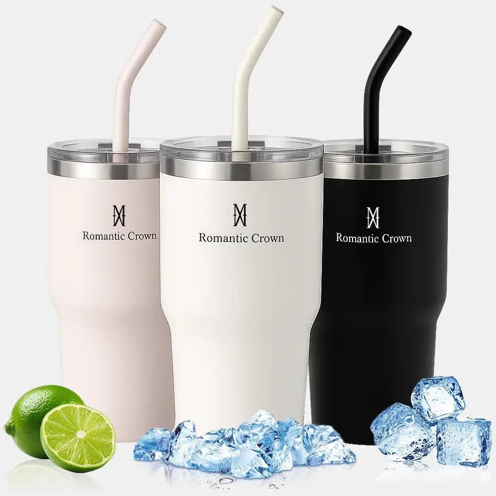 ROMANTIC CROWN Copo Térmico Inox Portátil 600ml Garrafa Térmica Inoxidável com Tampa e Canudo