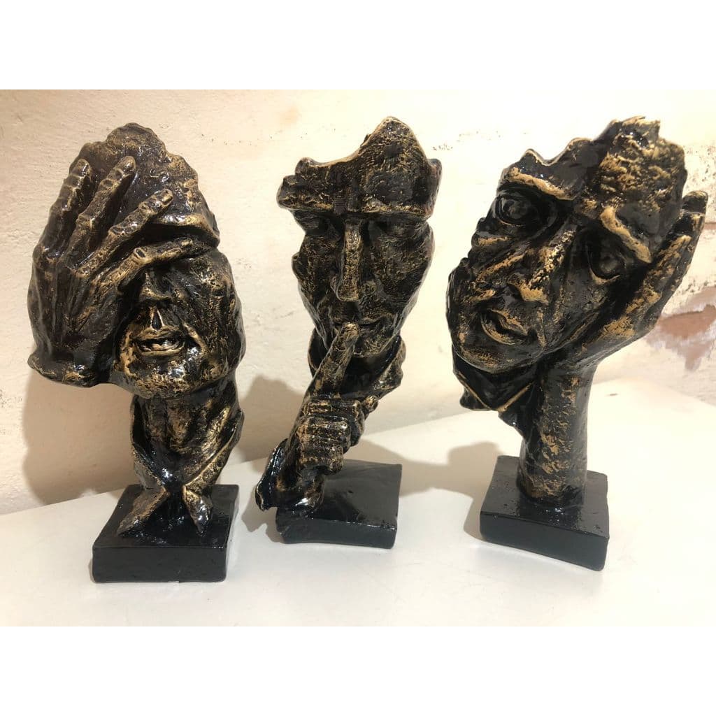 Trio de Face Estatueta Ouro Envelhecido Decoração Gesso Cego Surdo Mudo 23cm