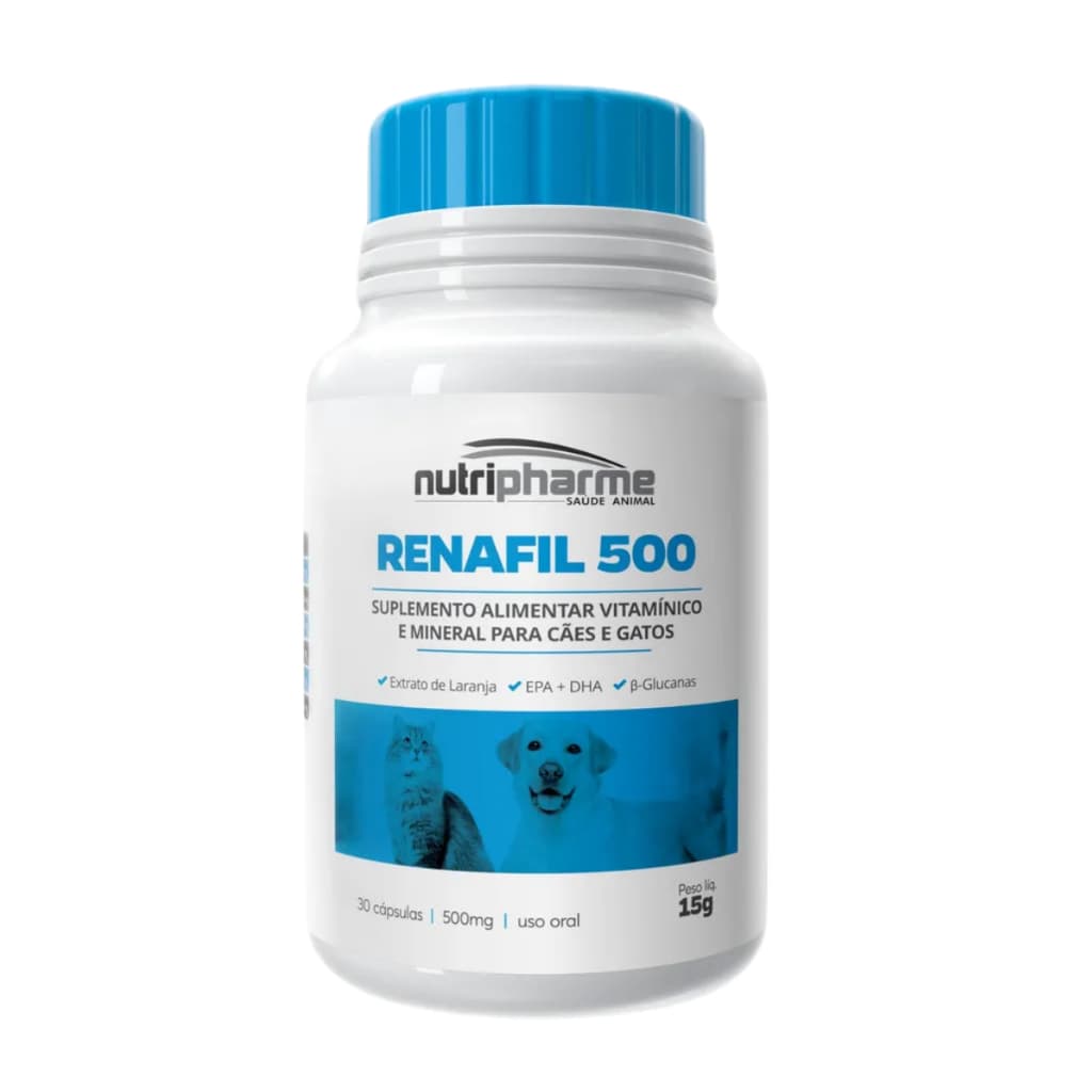 Renafil Suplemento Vitamínico Renal Cães e Gatos Nutripharme 500 30 Cápsulas