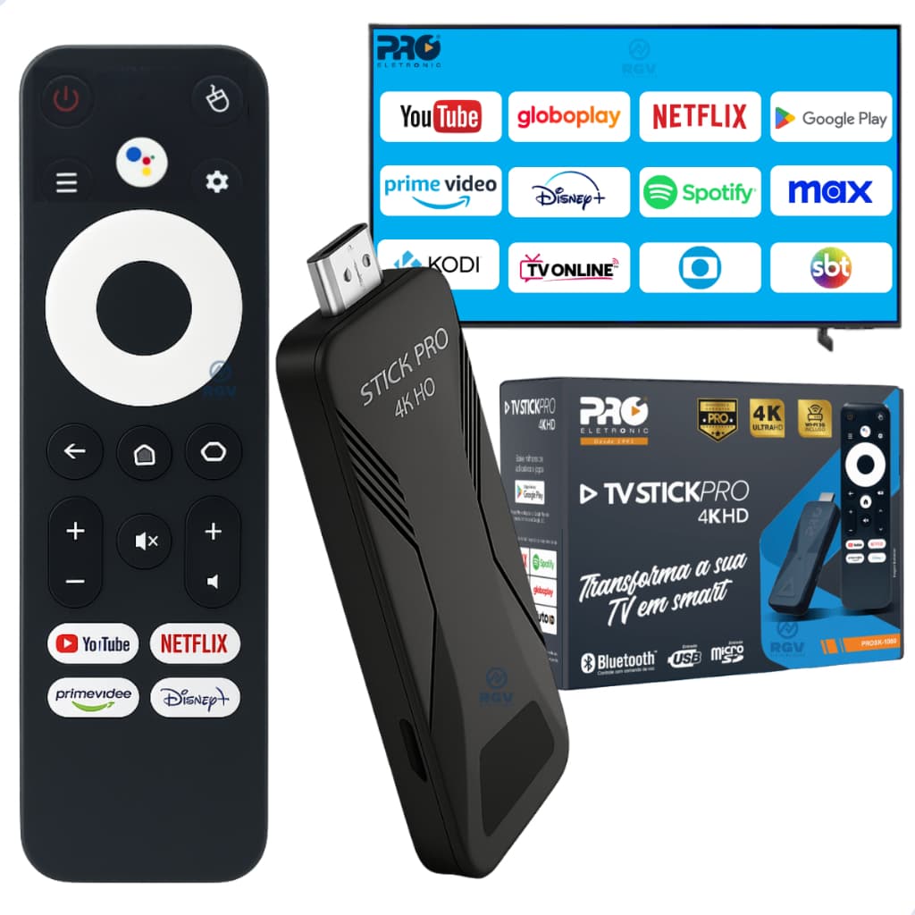 Tv Stick Pro 4k Hd Android Tv, Controle Por Voz, 2GB RAM, 16GB Armazenamento, Proeletronic, Anatel