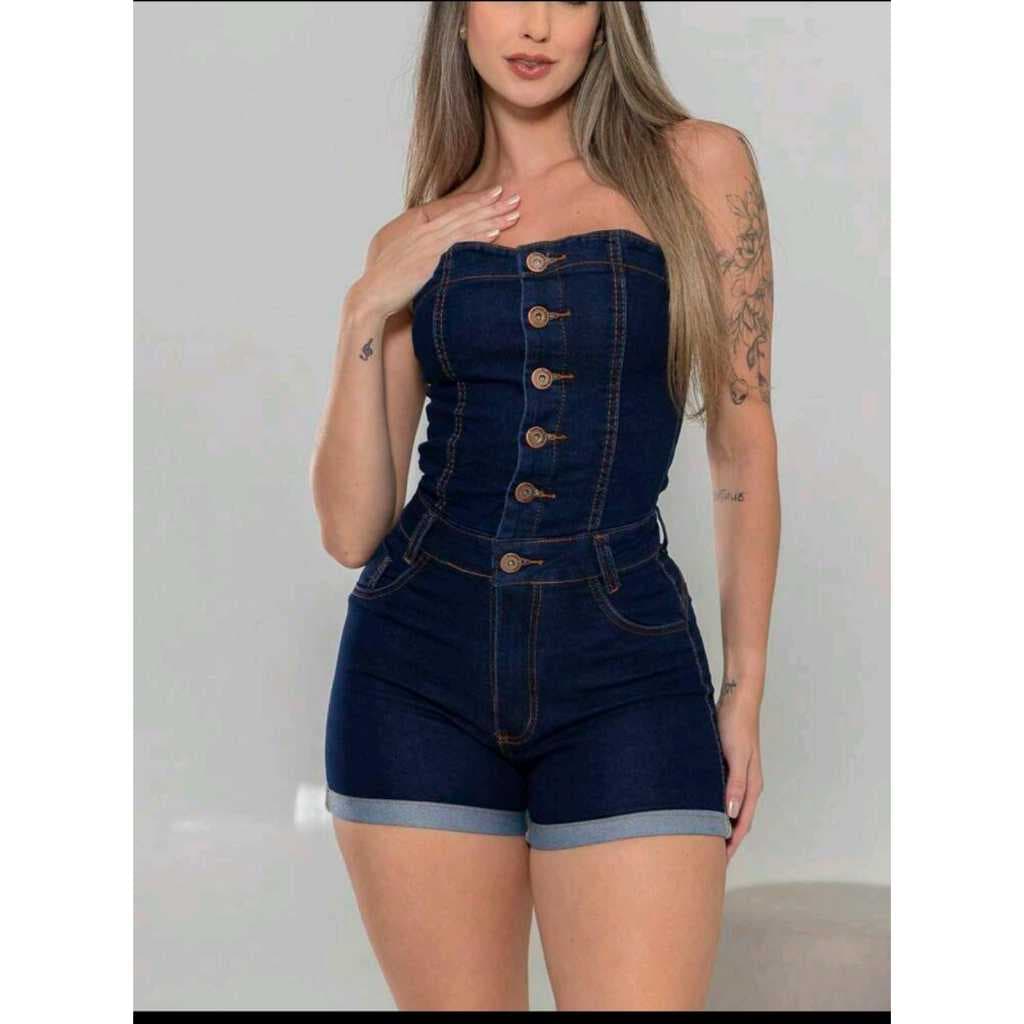 Macaquinho Jeans Feminina Tomara Que Caia De Bortao Lisa Casual