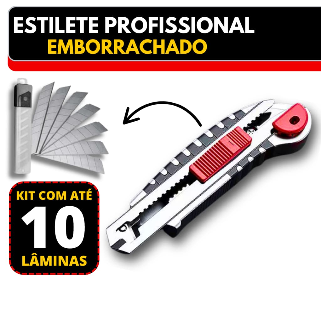 Kit Estilete Profissional Emborrachado + Lamina 18mm Metal Afiado Cortante com Recarregador Automático