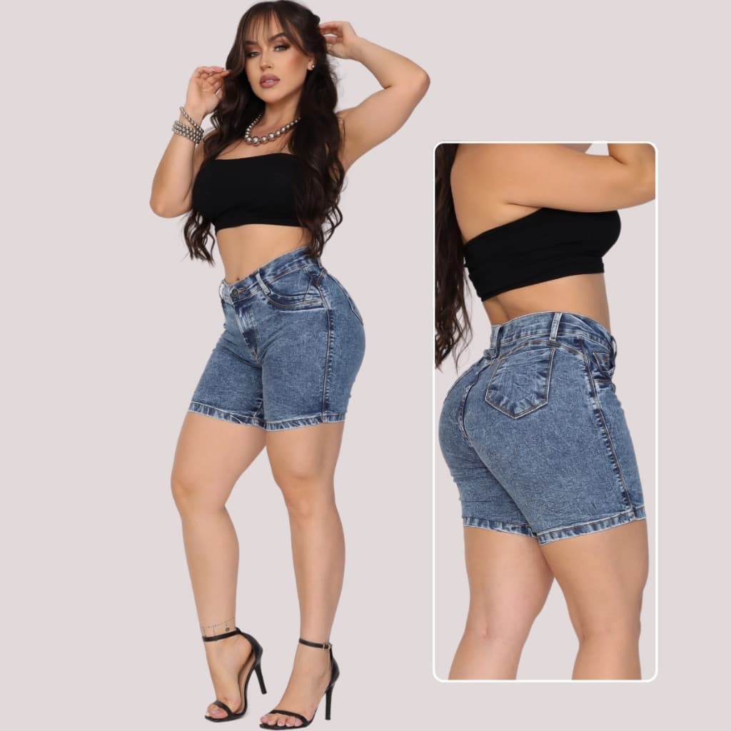 Bermuda Meixa Coxa Jeans Com Lycra Cintura Alta Bermuda Cós Alto Empina-Bumbum