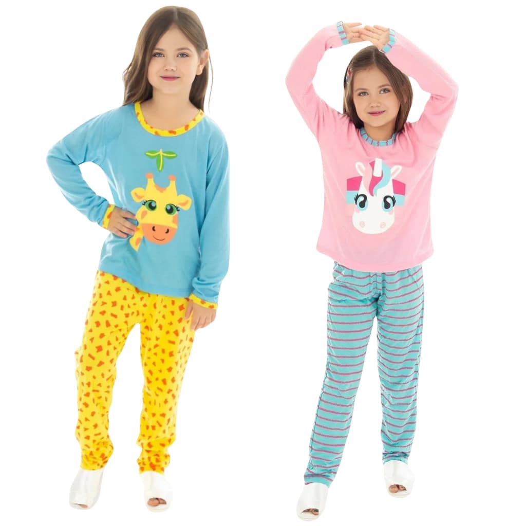 Kit 2 Pijama Longo Infantil Estampa Sortida Feminino Manga Longa Inverno Personagens
