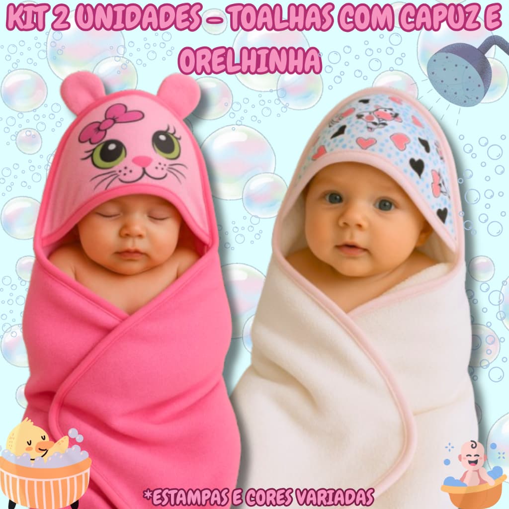 Kit 2 unidades - Toalhas Capuz  e Orelhinha infantil bebê recém nascido estampado tecido felpudo