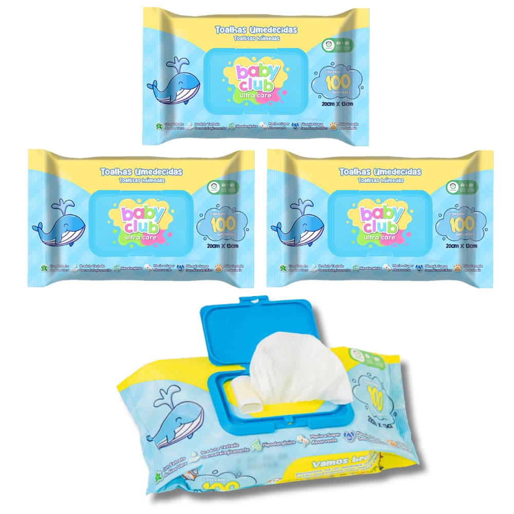 KIT 4 Toalha Umedecida Baby Club c/100 folhas Lenço Umedecido Lencinho