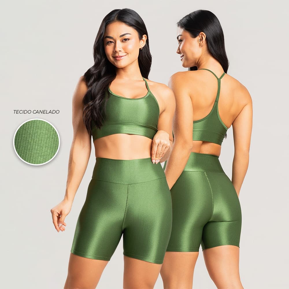 Conjunto Fitness Feminino Trilobal Canelado – Top Alcinha + Short Brilhoso Cós Alto Premium Academia