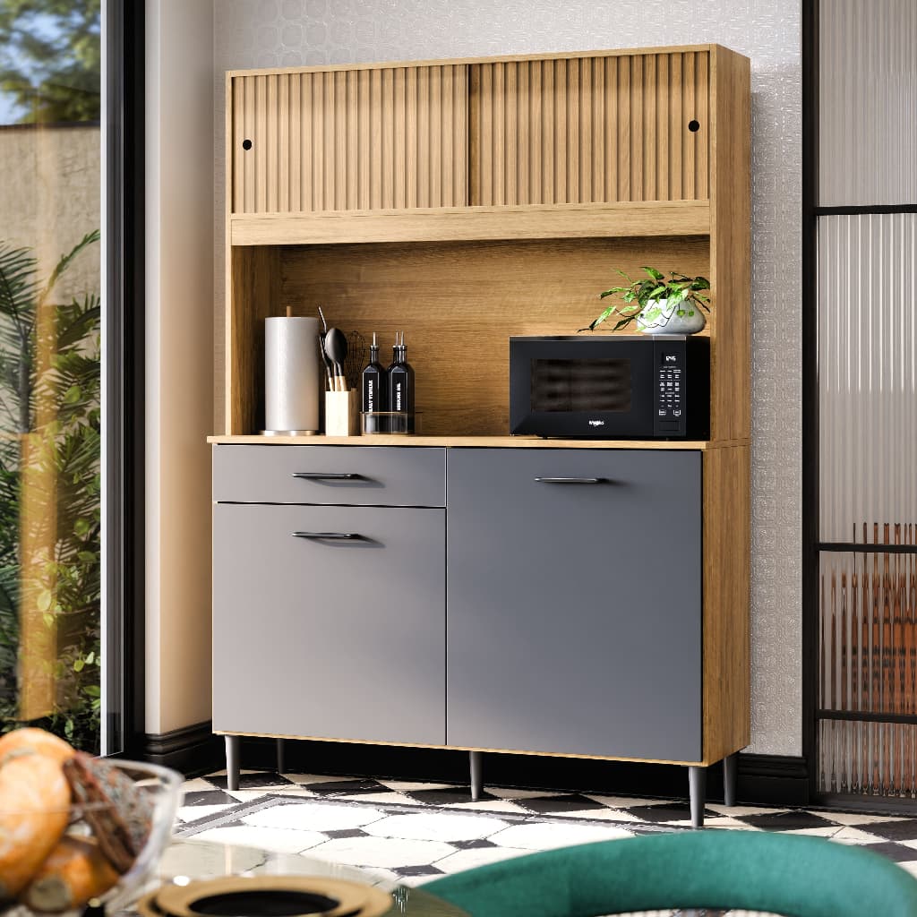Armário de Cozinha 90cm com Nicho Para Microondas, Fornos e Utensilios Com 4 Portas Gaveta Espaçosa