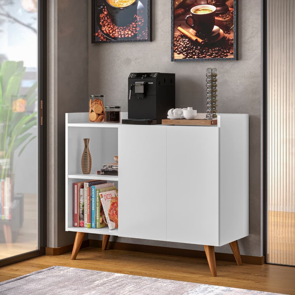 Buffet Aparador Alpha 2 Portas e Prateleiras Com Pés de Madeira Maciça Combinações de Cores