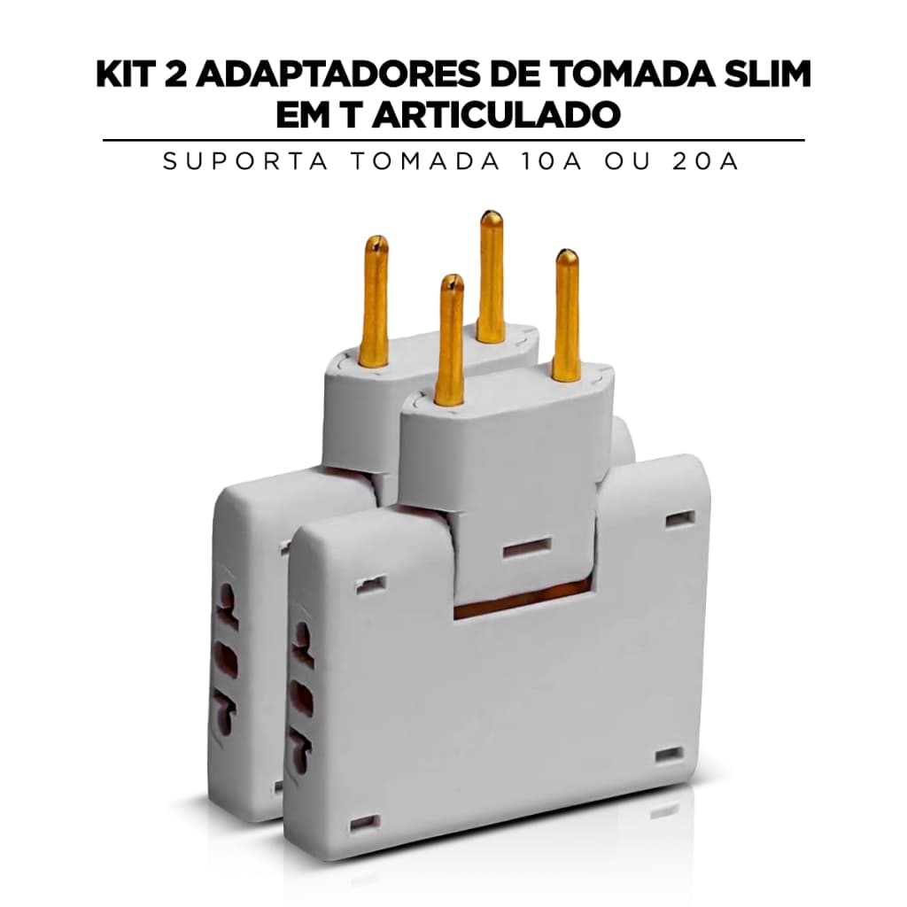 Kit 2 Adaptadores de Tomada slim em T Articulado possui 3 tomadas sendo tanto para 10A ou 20A