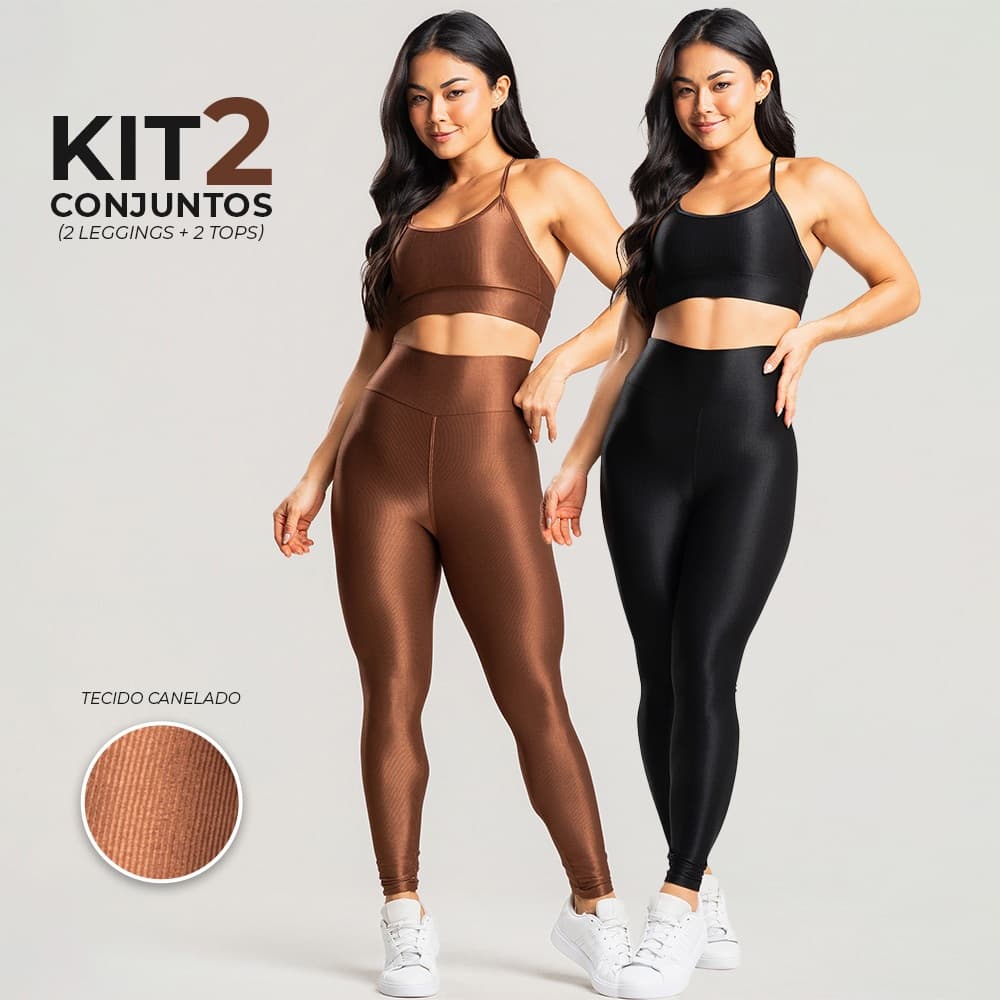 Kit 2 Conjuntos Fitness Feminino Trilobal Brilhoso Canelado – Top + Legging Cós Alto Modelador Premium