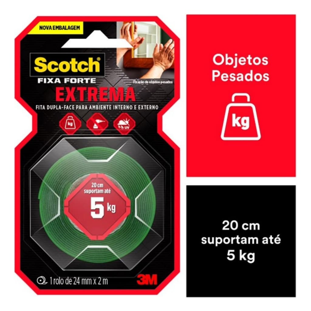 Fita Dupla Face 3m Scotch Fixa Fort Espuma Extrema 24mm X 2m 5KG