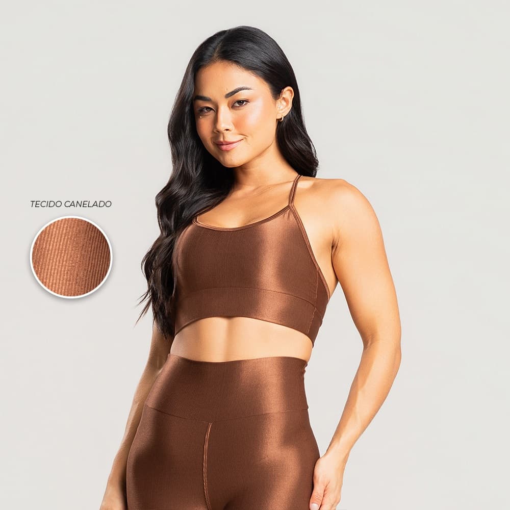 Top Fitness Feminino Alcinha – Trilobal Canelado Brilhoso Confortável Academia