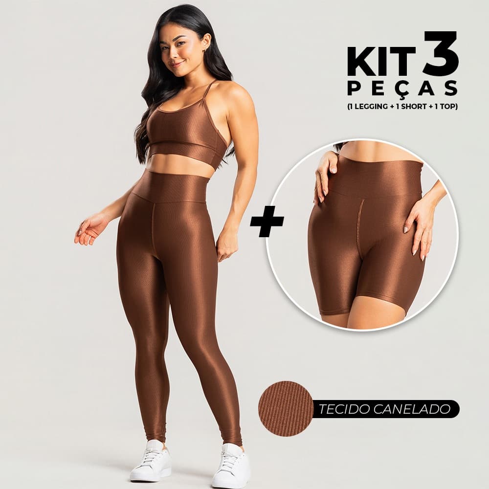 Kit 3 Peças Academia Feminino – Conjunto com Legging, Short e Top Brilhoso Confortável