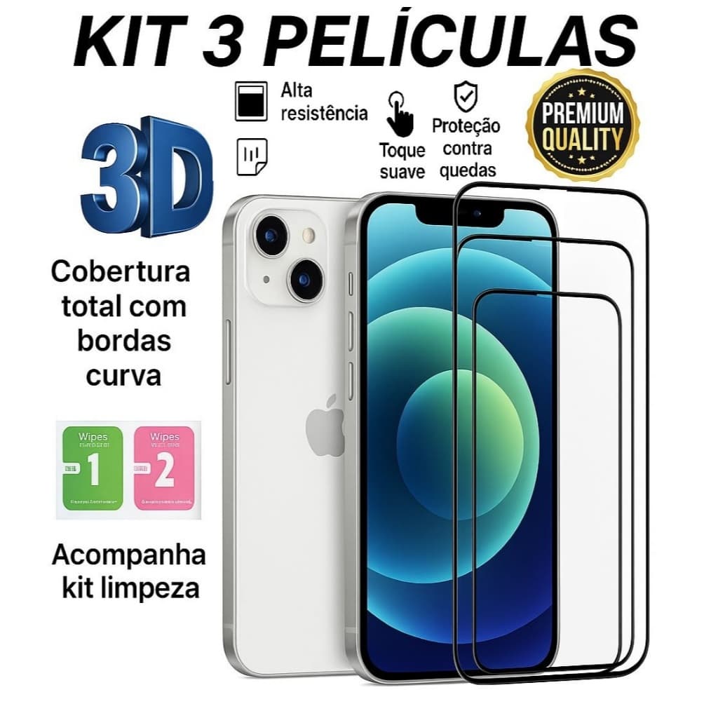 Kit 3 pelicula de vidro temperado 3D 9H peliculas iPhone 11 12 13 14 15 16 17 Air Pro Max Plus