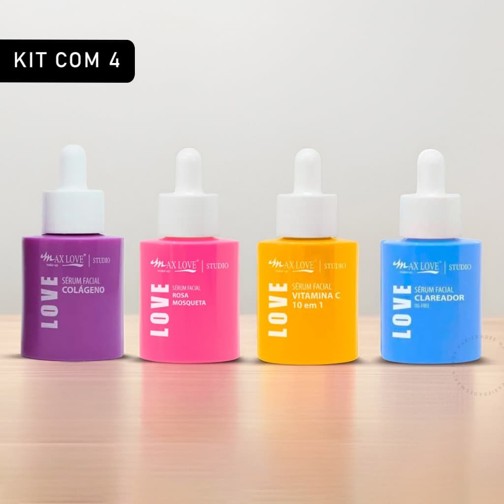 Kit 4 Sérum Facial Rosa Mosqueta Colágeno Clareador Vitamina C 30 ml Cada Cuidados com a Pele Rosto