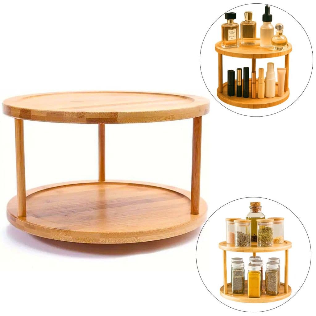 Organizador Giratorio 2 Andares Bambu Suporte Porta Tempero Cozinha Banheiro Armario Bancada Bandeja
