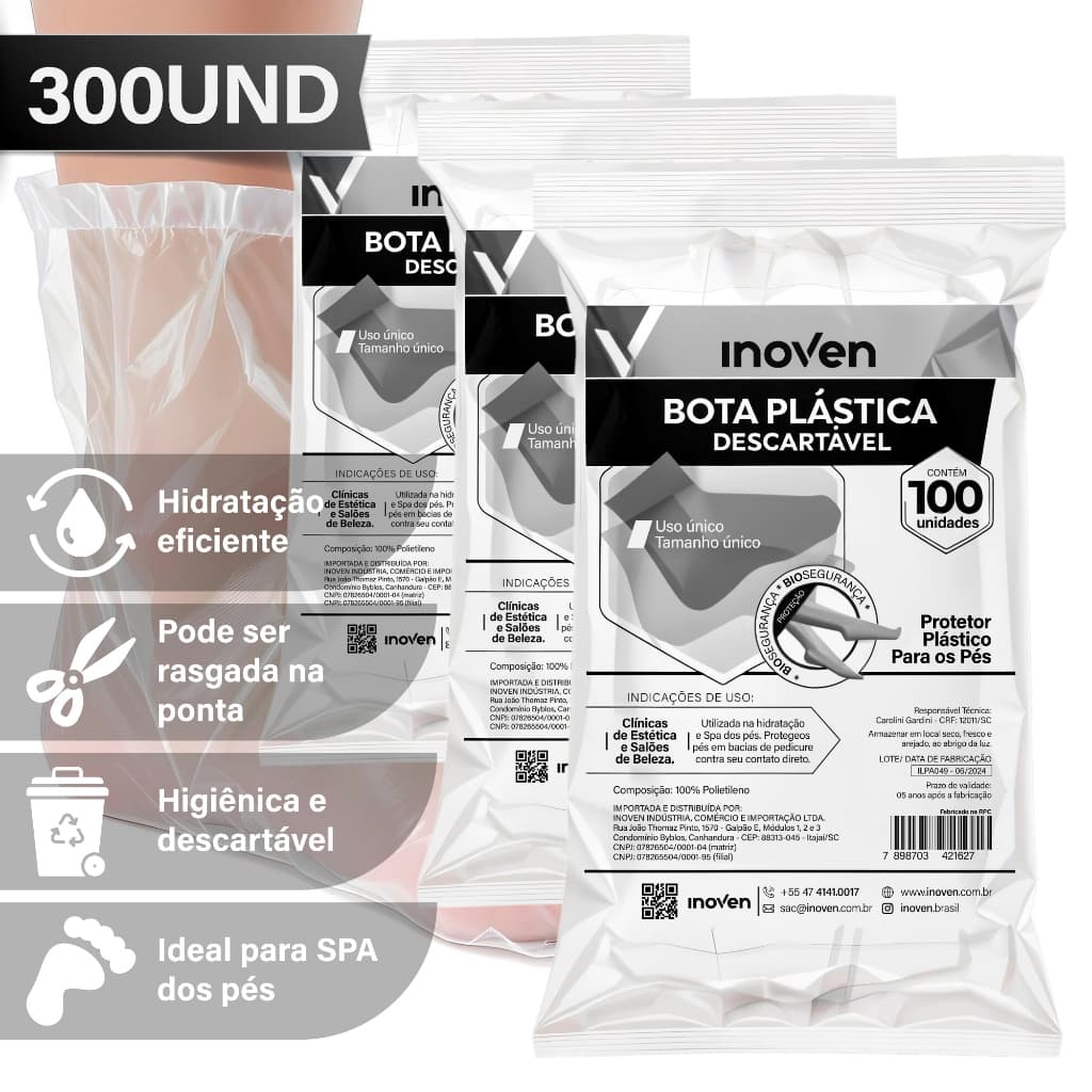 Kit Bota Plástica Descartável 300 Unidades Spa dos Pés Manicure Podólogo Proteção Hidratação Inoven