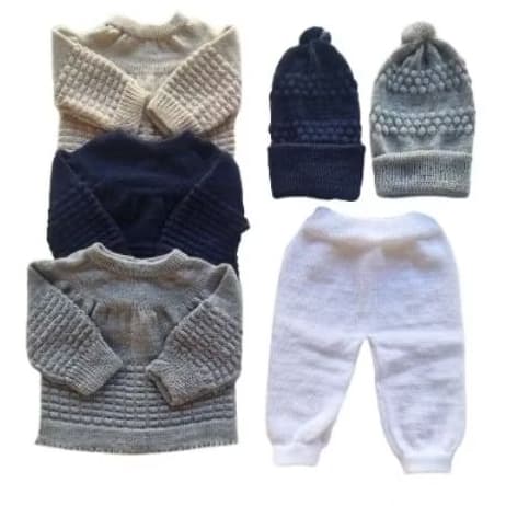 Pacote com. 6 pçs casaco, calça e gorro de lã pra bebê recém nascido menino