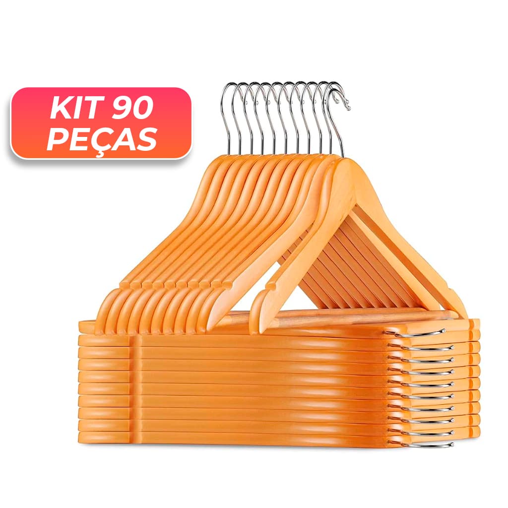 Kit 90 Cabides De Madeira Premium Marfim Para Roupas Calça Gancho Cromado Oliver Home