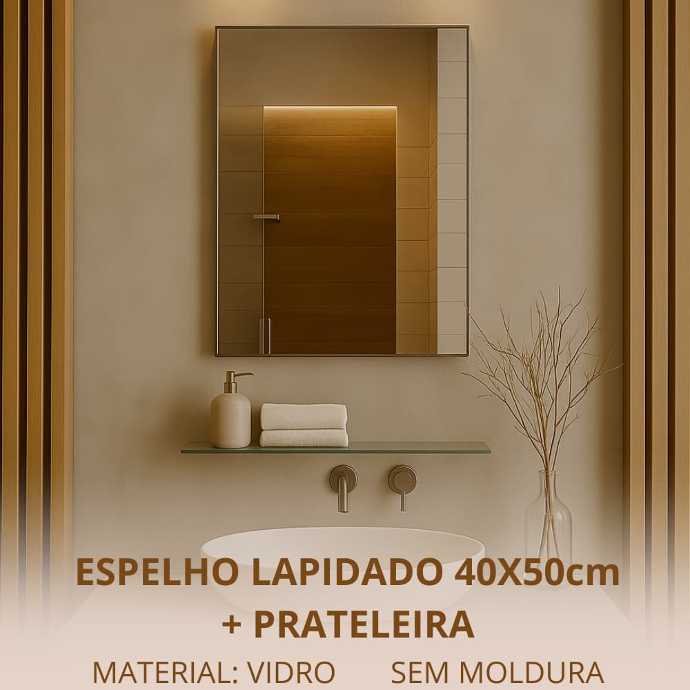 Espelho Banheiro 40cm x 50cm + Prateleira de Vidro e Kit Instalação Decoração Sala Lavabo Casa