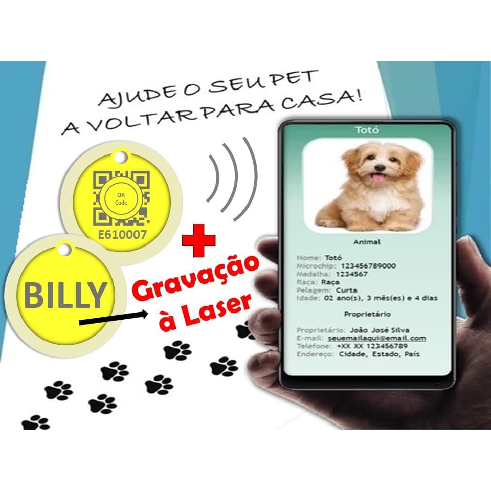 Medalha Pingente Qr Code Editável C/ Geolocalização Pets Cachorros E Gatos + Gravação Laser