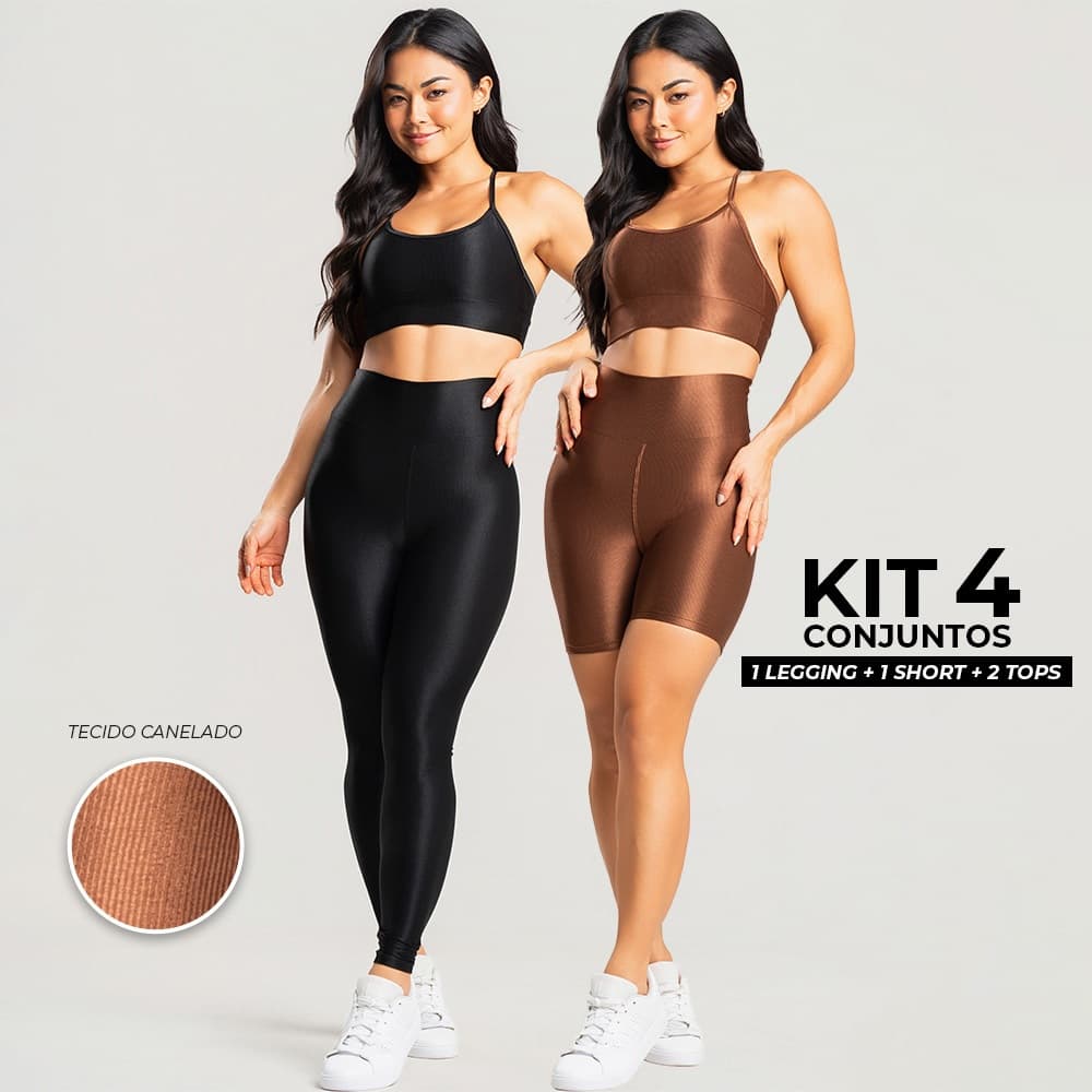 Kit 4 Peças Academia Feminino – Conjunto Canelado Brilhoso Completo Confortável