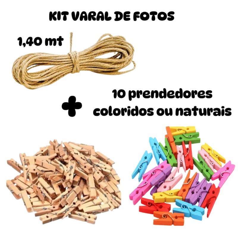 Varal de fotos com 1,40mt + 10 prendedores para polaroid Fotos e recados