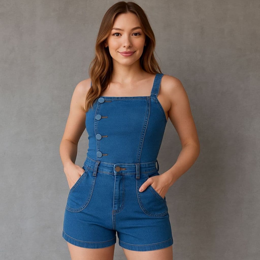 Macaquinho Jeans Lycra delave Jeans Feminino meia coxa Envio Imediato